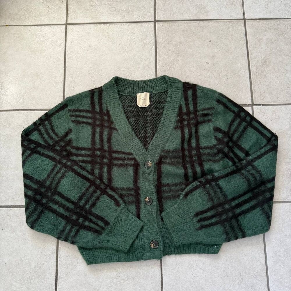 Harper Heritage Green Plaid Cropped Cardigan Button Front Knit Sweater L